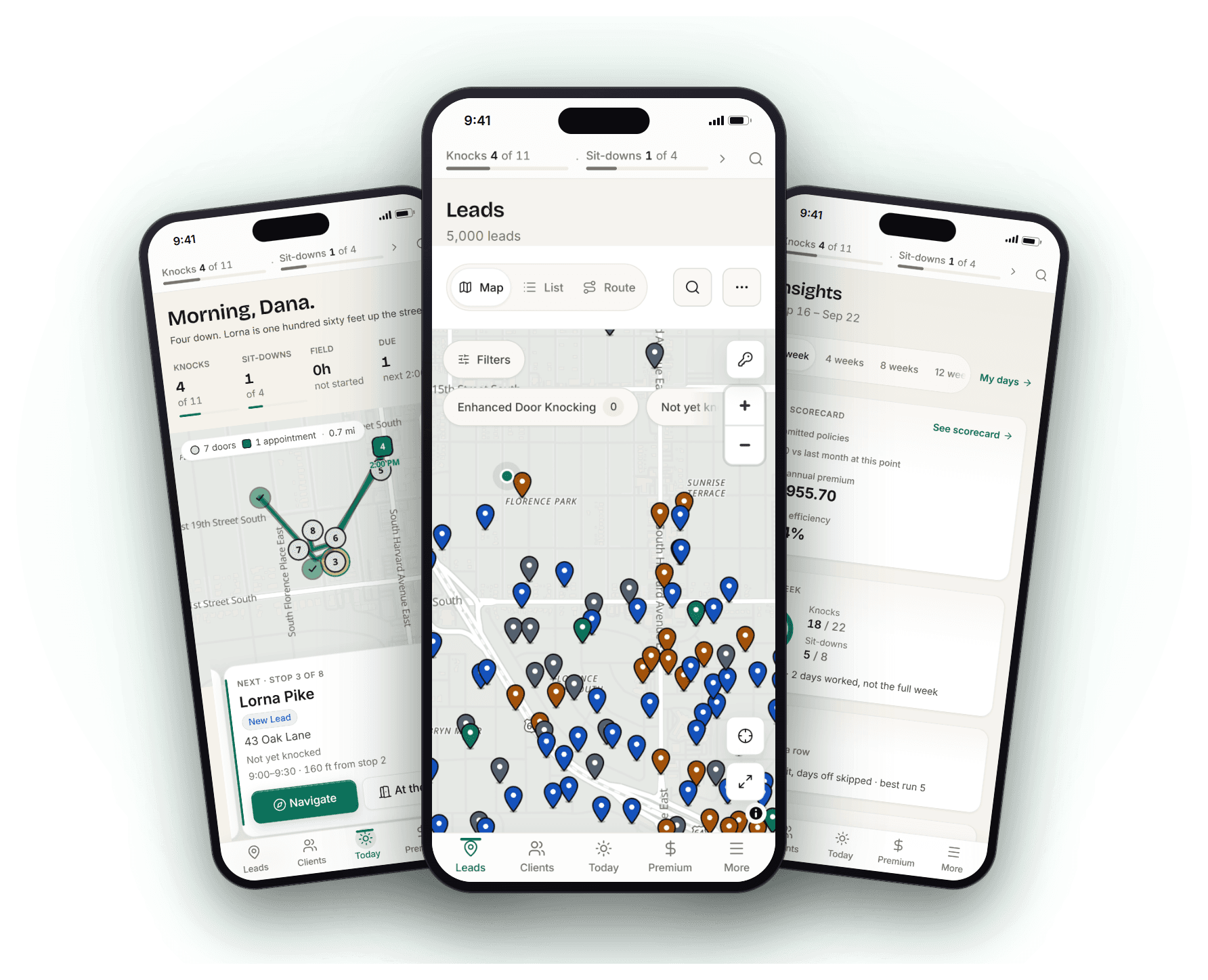 Dromo on three phones: the day in one sentence with the route, the lead map in five colours, and the rep's weekly insights.